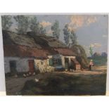 Lillian Davidson (?) oil on wood panel "Cottages at Dilbeek, Belgium", unframed, inscribed on