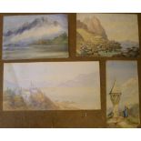 4 unsigned, Victorian watercolours, continental scenes, all unframed