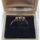 18ct yellow gold ring with 3 good sized diamonds & in old Belfast jewellers box Approx 1.9 grams