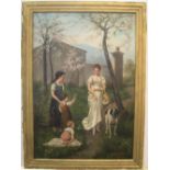 Large French oil on canvas, c1900 "Lady & children on pathway, signed Henry Dubois, signed, old gilt