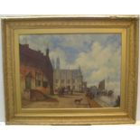 J Berlin 1864 oil on re-lined canvas, "Dutch quayside scene", signed, dated, original gilt plaster