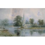 Indistinctly signed, 1874 watercolour, "View of the church across the lake", signed, modern mount