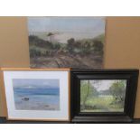 2 oil landscapes, 1 framed and a pastel seascape, all by different hands, Average size is approx