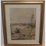 Early 20C watercolour "Figures near boatyard" initialled E W, framed 34 x 25 cm