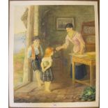 Large unsigned Victorian watercolour, mother and children in kitchen 54 x 45 cm Good condition