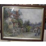 Unsigned watercolour, circa 1900 "Figures outside English country cottage", original wood frame