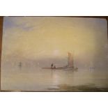 Unsigned, late Victorian watercolour "Boats on calm water at dawn", manner of J M W TURNER, unframed