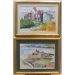 2 modernist, coastal scene watercolours, "Houses by the sea" both initialed J.W.H, both in