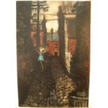 Large, indistinctly signed 2002 Northern school oil on board, "Young girl in back streets", unframed