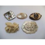 5 antique ladies brooches including finely carved ivory and mother of pearl examples