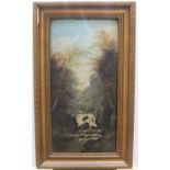 Late Victorian, unsigned oil on board, "Waterfall scene", original frame 54 x 26 cm