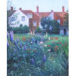 Peter Bates 1987 oil on board, "Over-grown gardens, Cromer (Norfolk)", signed and inscribed verso,