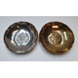 2 circular metal bowls, both with matching English rose motifs and stamped Keswick KSIA, Both