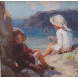 Early/mid 20thC British impressionist oil on board, "2 girls on the beach", indistinctly
