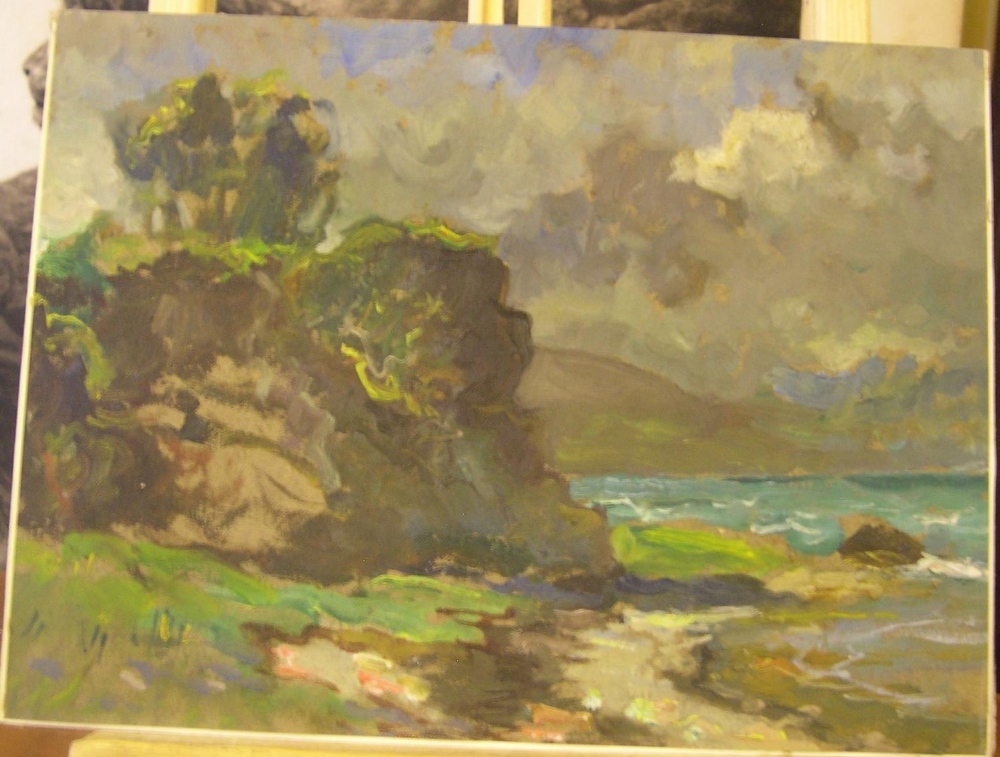 John Constable (20thC) oil on board "Rocky coastal scene at Lyme Regis", inscribed verso,