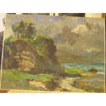 John Constable (20thC) oil on board "Rocky coastal scene at Lyme Regis", inscribed verso,