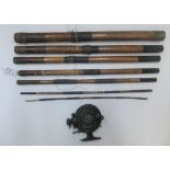 Old fishing rod & reel by S Allcock & Co, the rod in 7 parts (a/f)