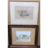 2 good framed watercolours, 1 tram scene and another of 2 calves, Average size is 24 x 31 cm