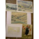 5 20thC watercolours, 2 initialled M.S. - all unframed smallest 20 x 29cm, largest 30 x 41 cm