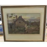Indistinctly signed 1900 watercolour "Traveller passing country cottage" indistinctly signed "