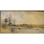 January 1867 watercolour of figures near a country pond, initialled G.W. Unframed 25 x 51 cm