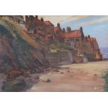 J Tattersall oil on board, "Old houses, Whitby", old label verso, framed, 20 x 40 cm Small amount of