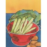 Judy Hill 2004 modernist still-life picture of vegetables, framed 49 x 31 cm Fine, clean condition