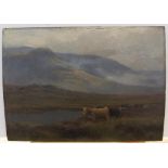 Henry Hadfield CUBLEY (1858-1934), 1898 oil on wood panel, "Highland cattle in landscape", signed