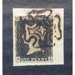 QV penny black (D-A) plate 4 with 2 good margins with full black Maltese Cross Cancellation
