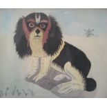 Unsigned, miniature folk-art watercolour portrait of a Spaniel, circa 1900, framed 13 x 15 cm