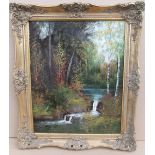 Raymond Price, oil on board, wooded lake and small waterfall, unsigned. framed, 50cm x 39cm