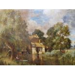 Unsigned, large, early 20thC oil on canvas "Barn from across the pond", circle of Edmond Marie