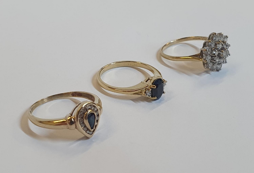 3 x 9ct rings, one yellow gold pear cut Sapphire ring, one yellow gold Sapphire and Diamond ring, - Image 2 of 3