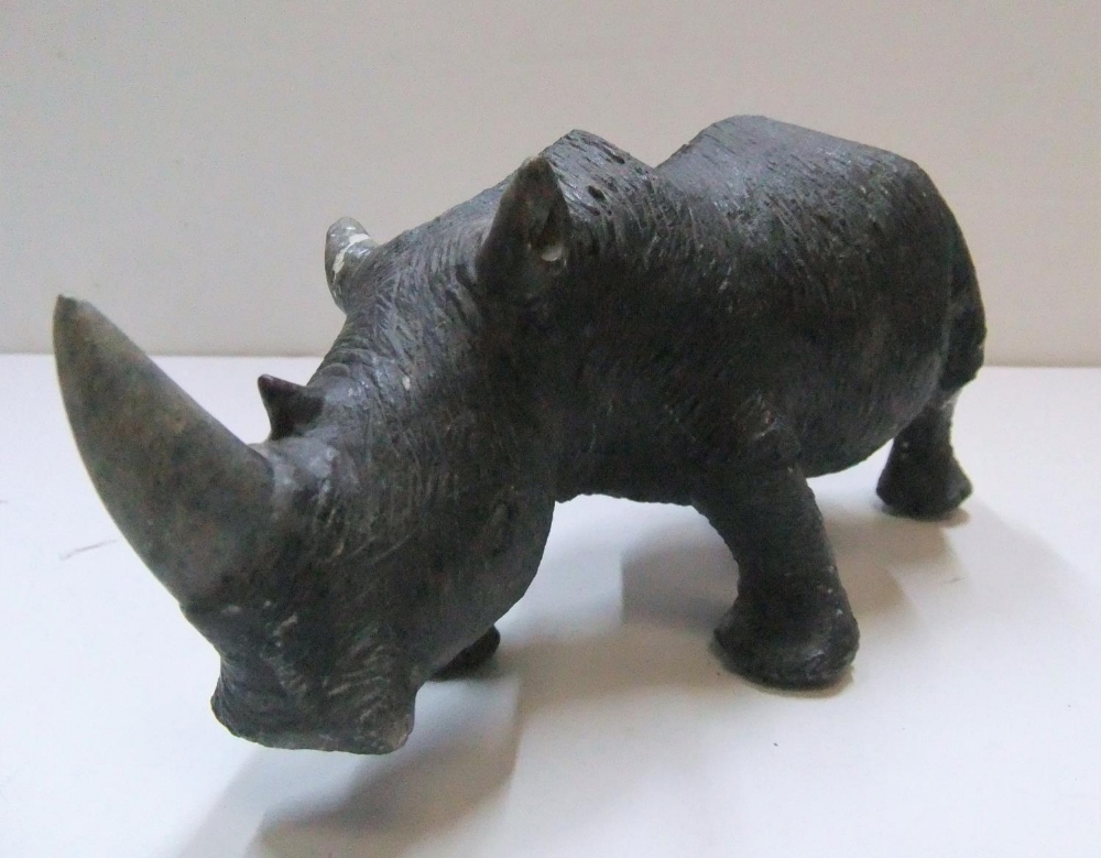 Unmarked, early/mid 20thC bronzed Rhino, 23 cm long, Some old repairs - Image 2 of 3