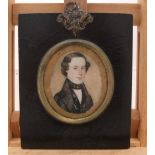 Unsigned mid 19thC miniature watercolour portrait of Joseph Harris, in original ebonised wood