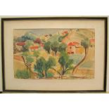 France Eude (French mid 20thC) 1944 modernist watercolour "Country village", signed and dated,
