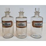 3 medium sized, good quality Chemist bottles with original labels, complete with original glass