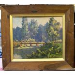 Double-sided, mid 20thC French oil on board, landscape by Charles Bernard in antique Rosewood frame,