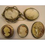 4 medium sized antique Cameo brooches & 1 unframed example