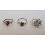 3 x 9ct rings, one yellow gold pear cut Sapphire ring, one yellow gold Sapphire and Diamond ring,