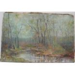 Genuine early 20thC, indistinctly signed French impressionist oil on canvas, woodland stream,