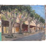 Unsigned, mid 20thC French impasto impressionist oil on board, "Tree-lined street scene",