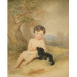 Stunning Georgian watercolour portrait of a young boy with a dog, circa 1800, indistinctly signed,