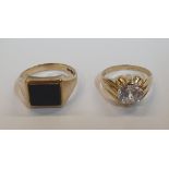 2 x 9ct rings, one yellow gold Onyx ring, and one yellow gold CZ Solitaire ring. Approx 12.0 grams