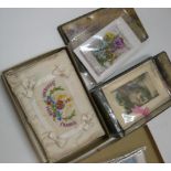 Good collection of WW1 era, sweetheart cards in old tins & fabric cover in original card box