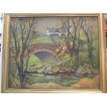 Unsigned impressionist oil on board, Autumnal bridge scene, framed, 39 x 50 cm Fine and clean