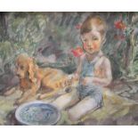Unsigned mid 20thC impressionist watercolour, young boy with puppy, framed, 22 x 27 cm