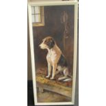Large Edwardian oil on canvas, portrait of seated hound in barn interior, unsigned, painted white