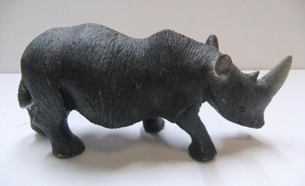 Unmarked, early/mid 20thC bronzed Rhino, 23 cm long, Some old repairs - Image 3 of 3