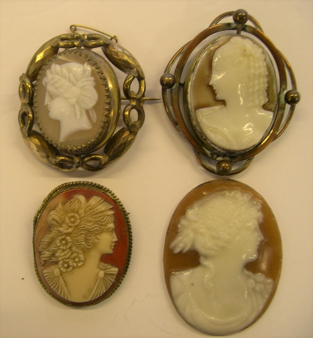 3 large Victorian Cameo brooches & 1 large unframed antique Cameo